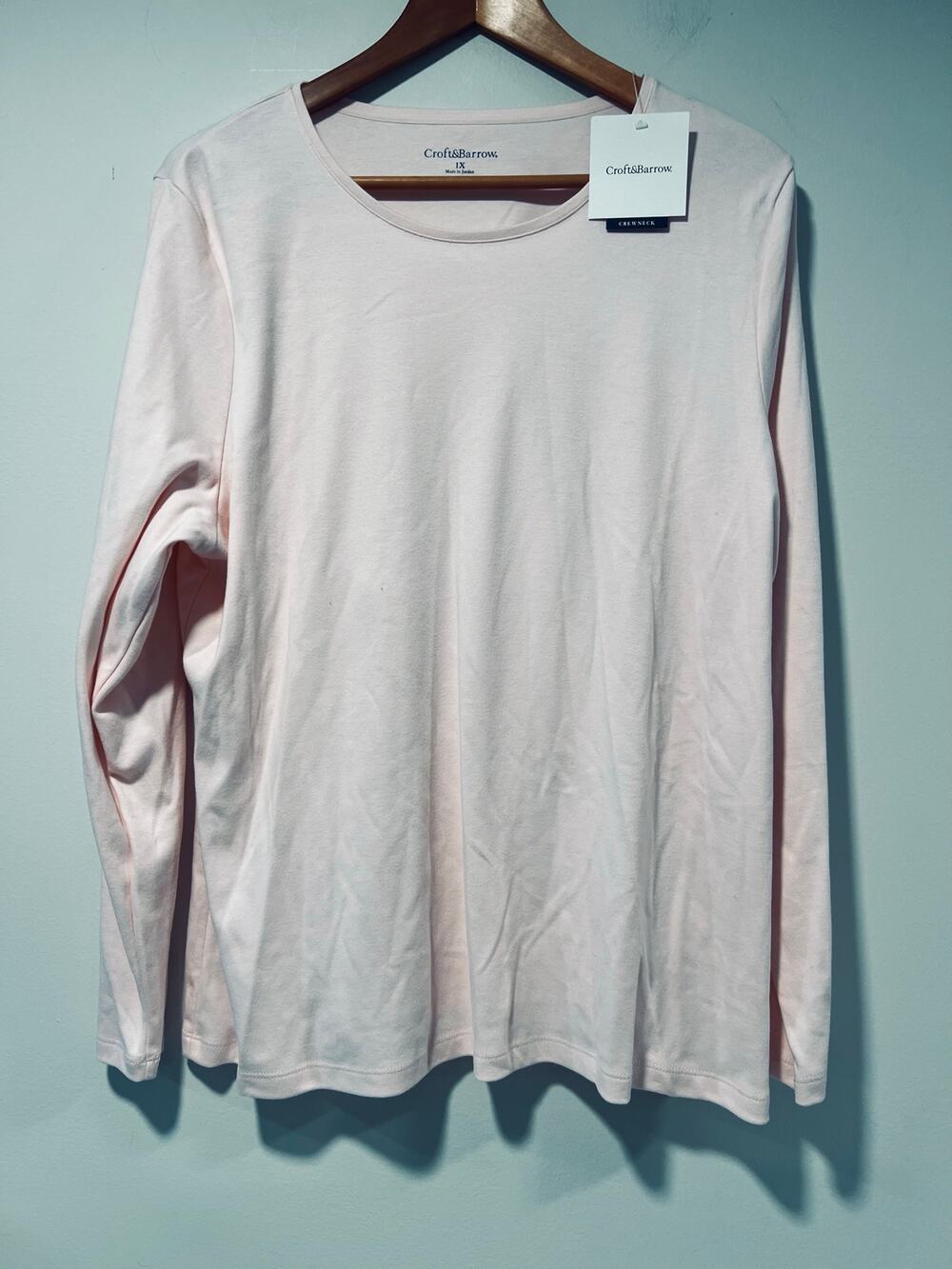 NWT Croft & Barrow Long Sleeve Crew Neck Shirt 100% Cotton Pale Pink Size 1X JL